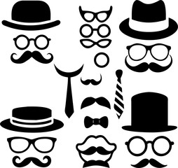 Retro gentleman's set. smoking pipe, top hat,eyeglasses, bow tie, mustache, smoke. Father's day set. Fashion vintage retro old hipster style.