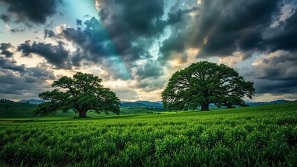 Obraz premium Rainbow Beams Over Hunter Green Meadow