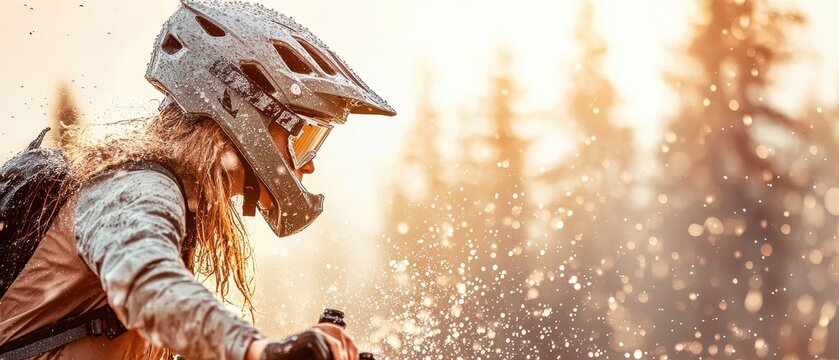 Person with Helmet Rides Bike Fast, Splashing Water Drops. Outdoor Activity for Health and Fitness in Nature. - Powered by Adobe