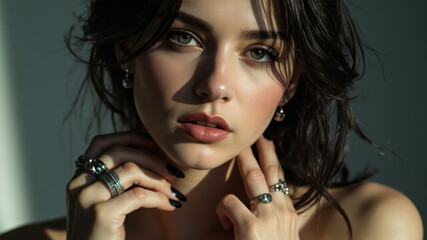 Elegant close-up portrait of a young dark-haired woman, focusing on her expressive hands with glossy black fingernails and silver rings. A minimal background and soft natural lighting.