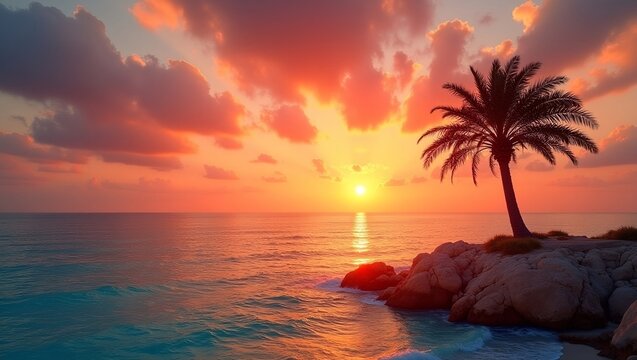 Tropical Sunset Over Ocean with Palm Tree Silhouette  vibrant tropical sunset over a calm ocean, with a silhouette of a palm tree on a rocky shoreline