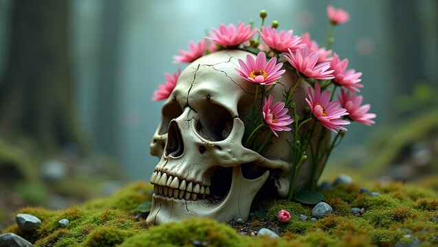 conceptual image of a human skull overgrown with vibrant pink flowers in a lush forest.