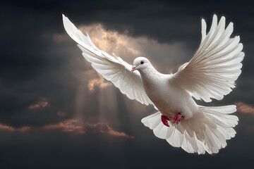 Weiße Taube im Flug vor dunklem Himmel mit Lichtstrahlen – Symbol für Frieden
 - obrazy, fototapety, plakaty