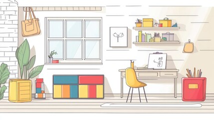 Fototapeta premium Light-filled, minimalist study or art studio, with simple furniture and decor