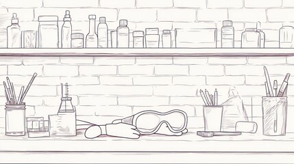Sketch of a shelf with art supplies and safety glasses