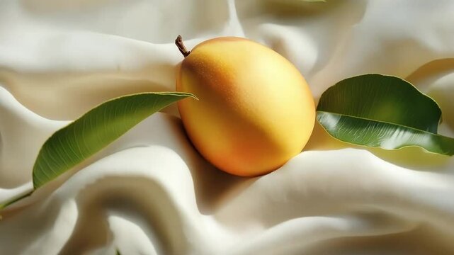 Ripe mango with smooth skin and green leaves on a light draped fabric. Natural lighting highlights the shape of the fruit and the texture of the background.
