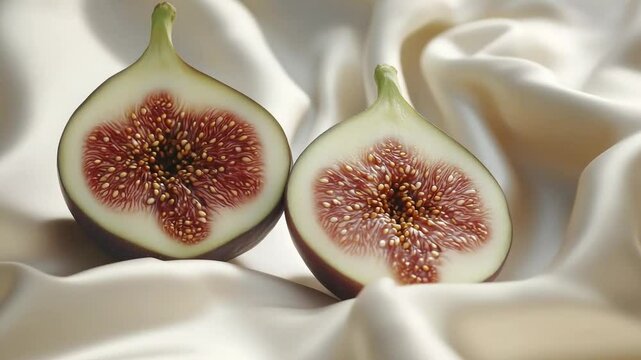 Two halves of fresh figs on a soft, light fabric with a smooth texture and natural light. Close-up with an emphasis on juicy flesh and seeds.