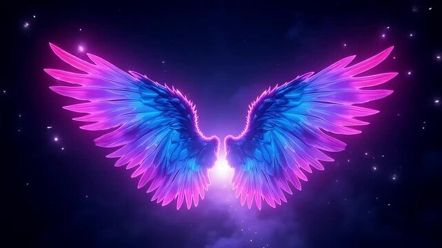 Glowing neon angel wings in pink and blue on dark fantasy background