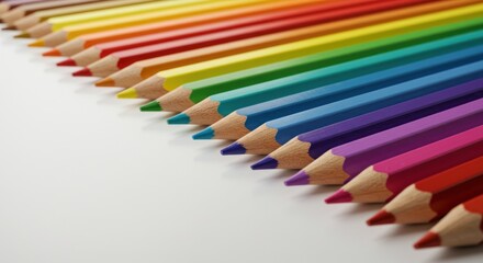 A vibrant arrangement of colored pencils in a rainbow spectrum, showcasing creativity and art supplies