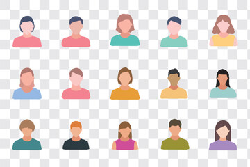 Vector people faces avatars and users collection - Set of illustrations with profile pictures of diverse people in various clothes and styles. Flat design in oval frame on white background