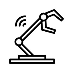 A modern, minimalist black outline robotic arm icon with signal waves. Represents robotics, smart home automation, and advanced technology. Ideal for AI/robotics apps/websites.