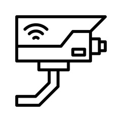 A modern, minimalist black outline security camera icon with signal waves. Represents smart home surveillance, safety, and monitoring. Ideal for security apps/websites.