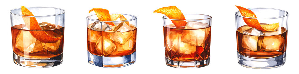 Watercolor Old Fashioned Cocktail with Orange Peel Illustration, Transparent background PNG set