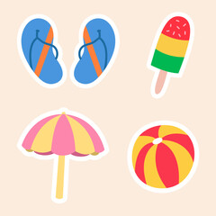 Cute Summer Beach Icons Set – Sandals, Pop Sicle, Umbrella, Beach Ball. A fun and colorful vector set of summer themed illustration.