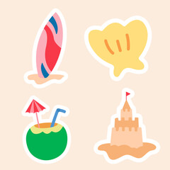 Cute Summer Beach Icons Set – Surfboard, Coconut Drink, Shell, and Sandcastle. A colorful vector illustration of summer-themed beach icons. 