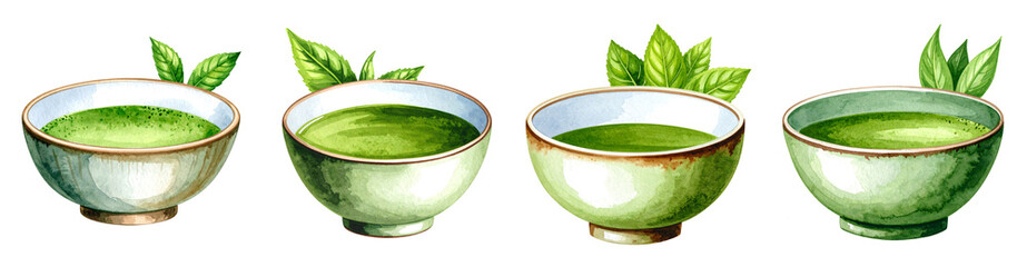 Watercolor matcha bowl and leaf Illustration PNG set Transparent background