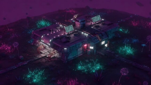 Futuristic outpost on an alien planet, glowing flora and technology