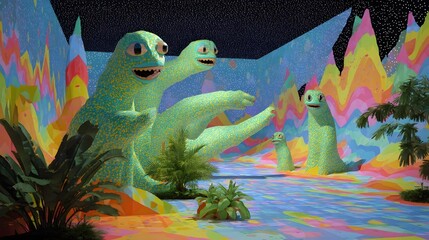 Vibrant Fantasy Frogs in a Surreal Natural Landscape
