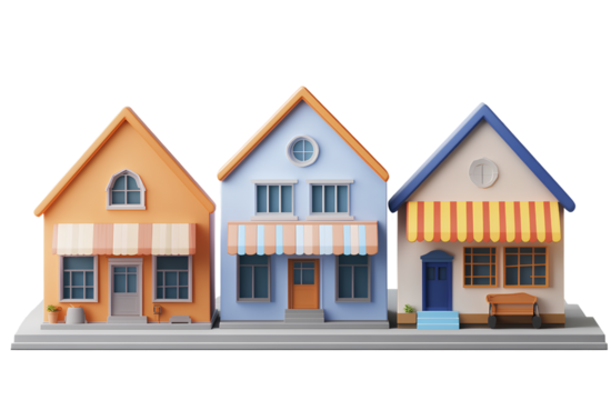  3D icon of a cute, colorful town with buildings on a white background, in PNG format with transparency 