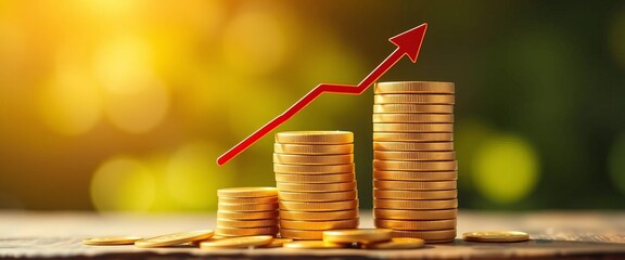 Growing stack of gold coins with upward trending chart arrow, coins,  growth