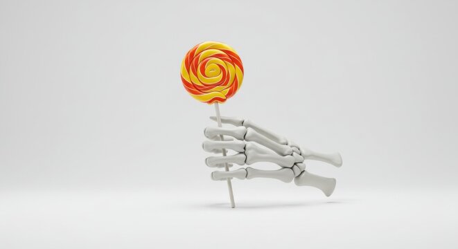 Skeleton hand holding a colorful lollipop on white background for Halloween