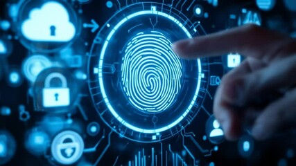 Finger pressing glowing fingerprint icon on digital interface with security and cloud application symbols in futuristic business concept layout. 4k video - Powered by Adobe