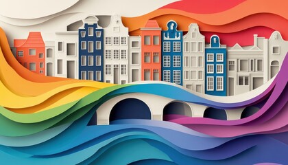 A horizontal illustration for Amsterdam Pride, showing a soft silhouette of Amsterdam's canals with narrow houses and arched bridges, and a single rainbow flag waving gently
