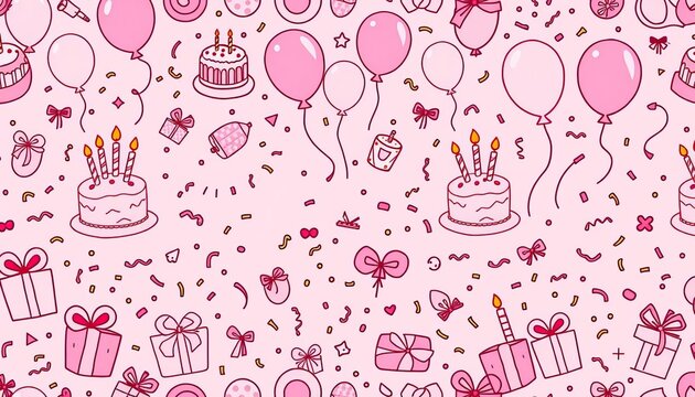 Pink birthday party doodle seamless pattern vector illustration featuring cake, balloons, gifts, confetti, and candles, pattern, wrapping paper