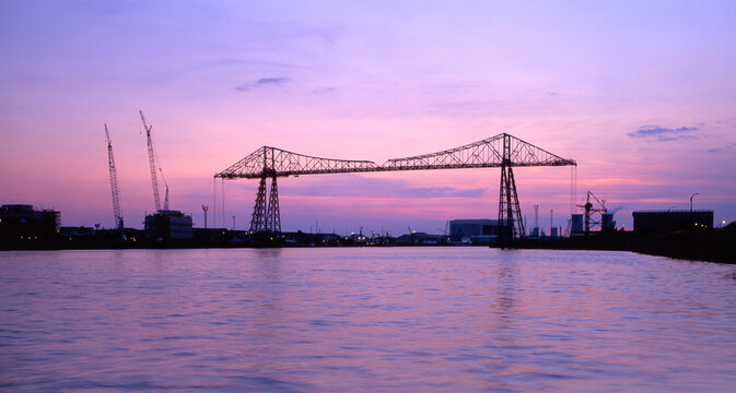 Transporter Bridge at dusk, River Tees, Middlesbrough, Teesside, Cleveland, England