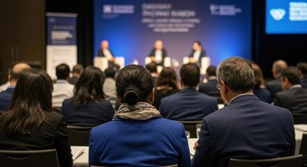 Obraz premium Business conference featuring panel discussion with audience engaged in a professional setting