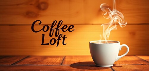Warm wood grain backdrop, steaming coffee cup, stylish lettering "Coffee Loft",  espresso,  rustic