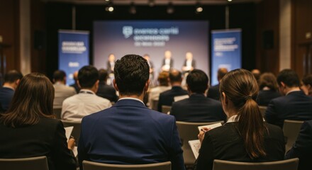 Fototapeta premium Business conference featuring professionals engaged in discussions and networking in a modern venue