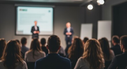 Fototapeta premium Business professionals presenting at a conference with an engaged audience in a modern meeting room