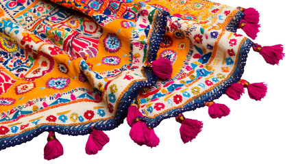 A traditionally embroidered shawl (Chadar) with intricate patterns and vibrant colors, isolated on Transparent background.