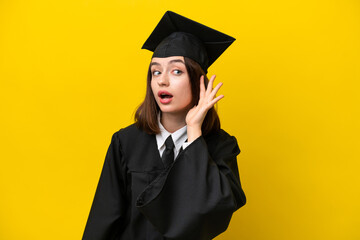 Young university graduate Ukrainian woman isolated on yellow background listening to something by putting hand on the ear