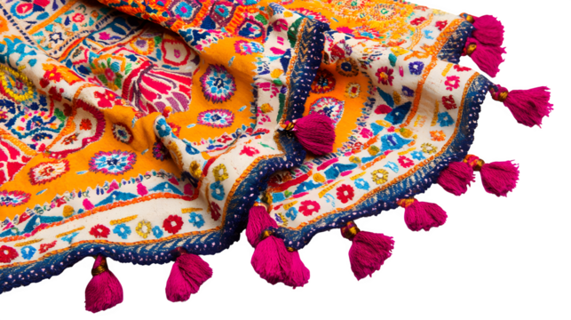 A traditionally embroidered shawl (Chadar) with intricate patterns and vibrant colors, isolated on Transparent background.