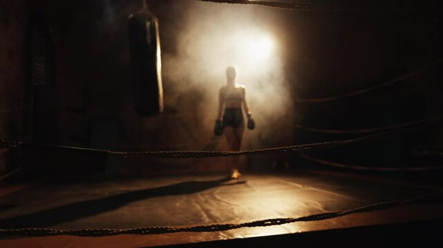 Authentic fight club, female person walking on boxing ring, cinematic slowmotion . Graceful female silhouette in smoke against bright light, power of female beauty and grace, be strong and confident - Powered by Adobe