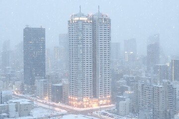 Naklejka premium Snowy cityscape featuring modern buildings and skyscrapers under a heavy snowfall in wintertime