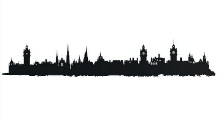 Fototapeta premium A striking black silhouette of Edinburgh’s skyline, featuring iconic landmarks and architectural shapes, set against a clean white background. 