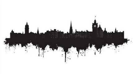 Naklejka premium A striking black silhouette of Edinburgh’s skyline, featuring iconic landmarks and architectural shapes, set against a clean white background. 