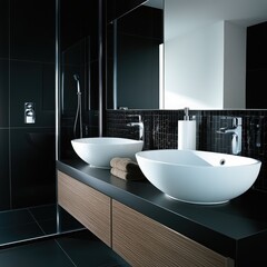 Modern bathroom with double sinks, dark tiles, and wooden vanity
