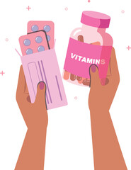 Hand holding medicine for treatment and health concept. Healthcare service concept.