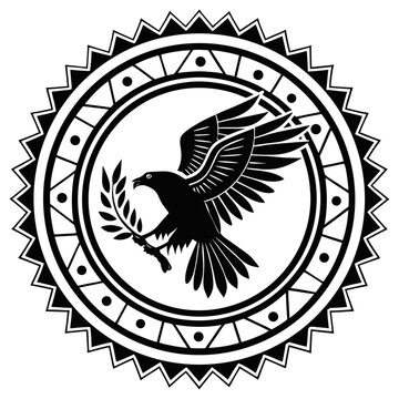 Tribal Eagle Circle Native American Pattern Bird Symbol Aztec Design Ancient Badge Vector Black White Illustration