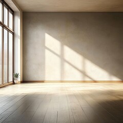 Sunlit empty room with large window and wooden floor