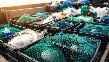 Fishing nets in crates on a boat