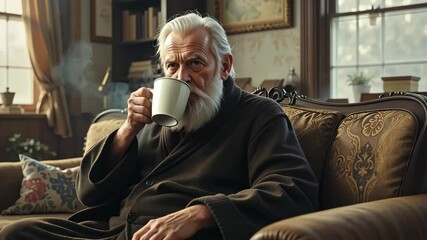 Elderly man with white beard drinking coffee in warmly lit vintage living room with books and wooden furniture. Concept of wisdom and solitude