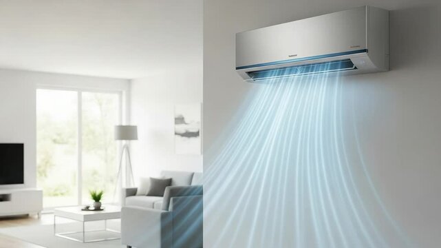 Air conditioner on wall with blue air flow. Cooling system for home, office or commercial space. Ventilation and air purification footage.