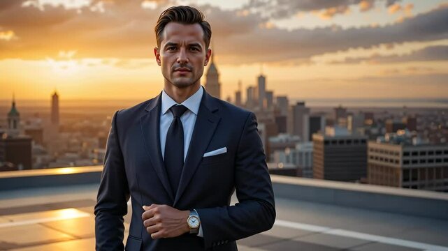 Handsome man in suit standing on rooftop terrace with modern city skyline and sunset in the background. Concept for luxury lifestyle and business success