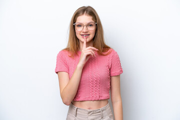 Teenager Russian girl isolated on white background showing a sign of silence gesture putting finger...