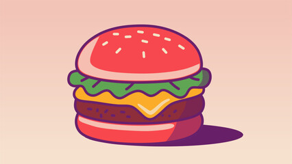 Flat cartoon burger with sesame bun, double beef patty, melted cheese, and lettuce. Bright pop-art colors and bold outlines. Ideal for fast food ads, menus, stickers, or digital snack designs.